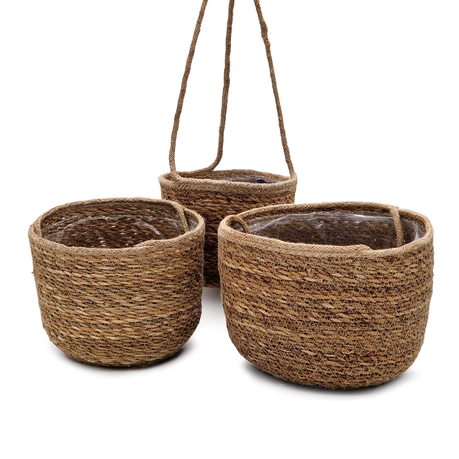 Zeegrasmand hangmand set van 3 naturel 23 20 17 cm decoratieve mandenset om op te hangen met jutekoord 02