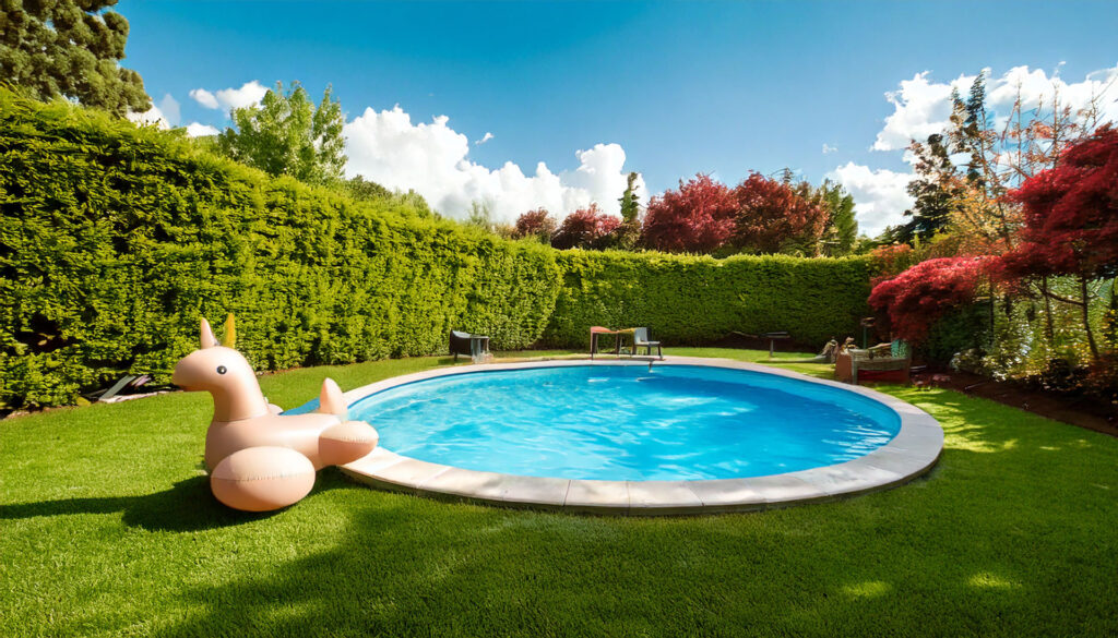 Speelgoed in en rond het zwembad in de zomer